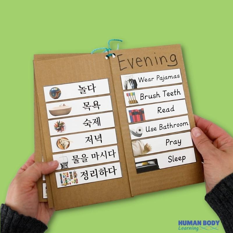 Bedtime routine chart in English and Korean